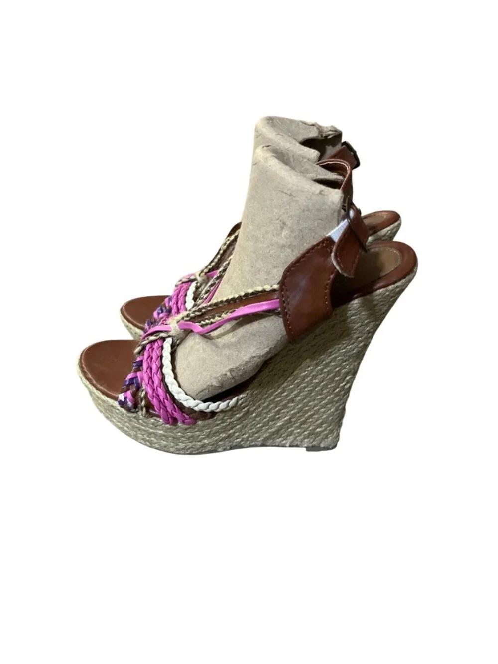385 Fifth Womens 7 Wedge Sandals Pink Purple Braided Espadrille Resort Heels